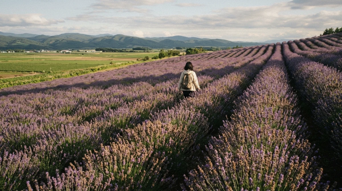 Lavender rows running downhill toward the Tokachi mountains at a Furano farm in mid-July on a Hokkaido tour from Sapporo
