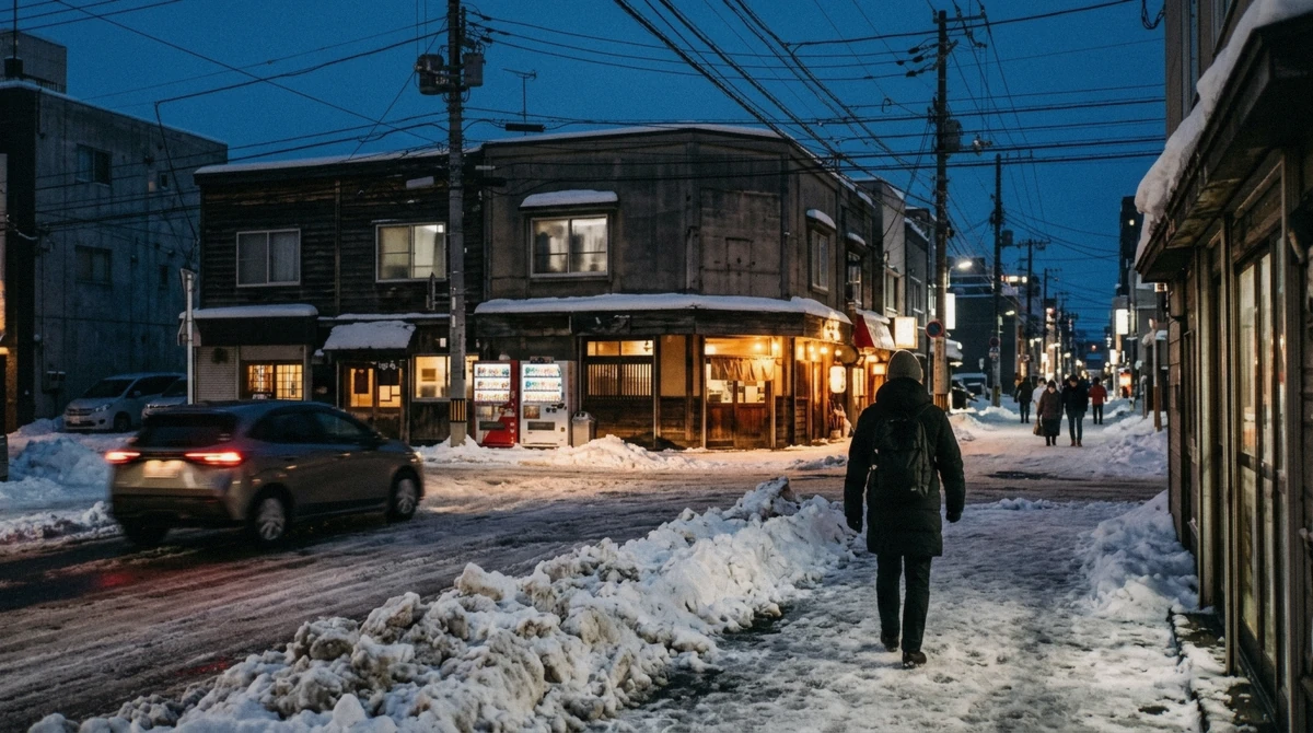 A snowbanked street corner in central Sapporo at dusk in February, the season for winter Hokkaido tours from Sapporo