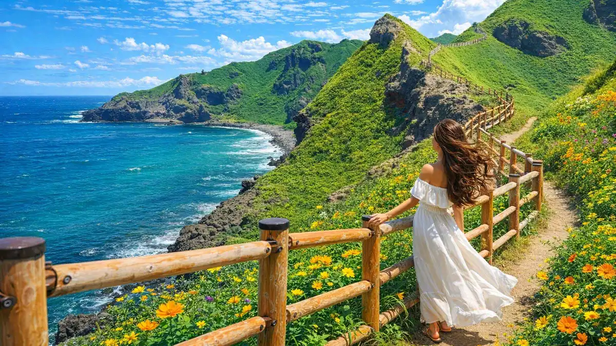Cliffs and Shakotan Blue water at Cape Kamui, the coastal stop on Hokkaido tours from Sapporo, Japan