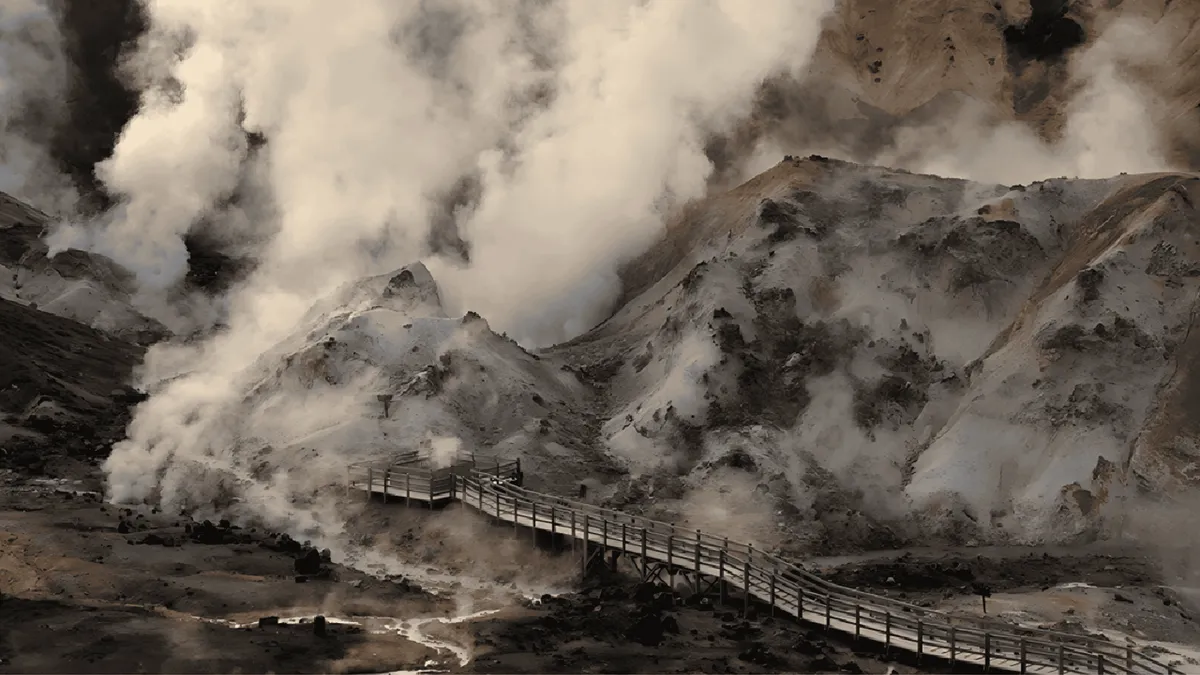 Steam rising from the sulphur vents of Noboribetsu Jigokudani, a stop on Hokkaido tours from Sapporo, Japan
